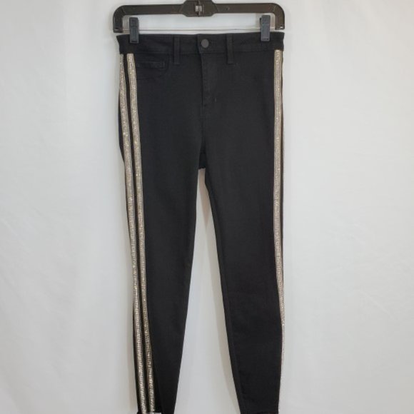 *SOLD* L'AGENCE Margot Rhinestone Crystal-Stripe High-Rise Skinny Jeans, Noir - Picture 4 of 7